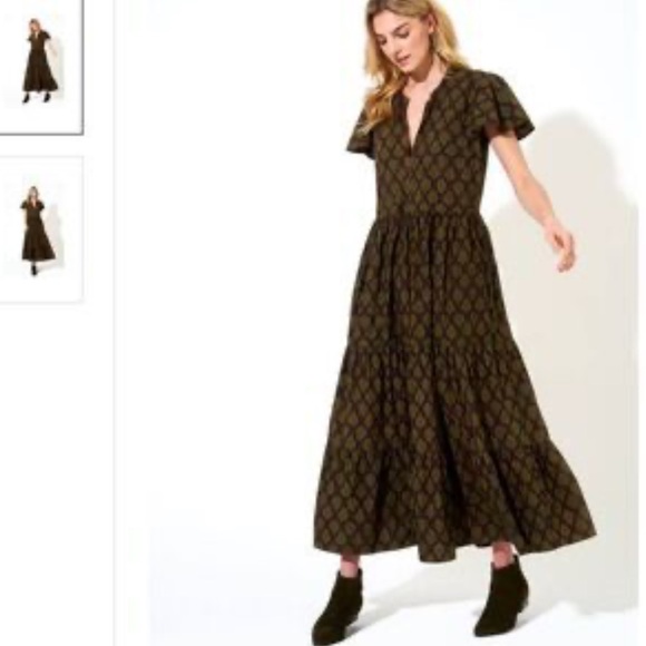 Oliphant Tiered Midi Dress Geometric Print Brown Red Blue Flutter‎ Sleeve Cotton